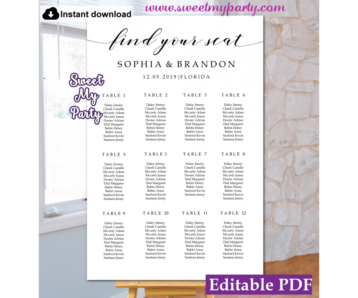 Modern Calligraphy seating chart template,Rustic seating chart template, (47)